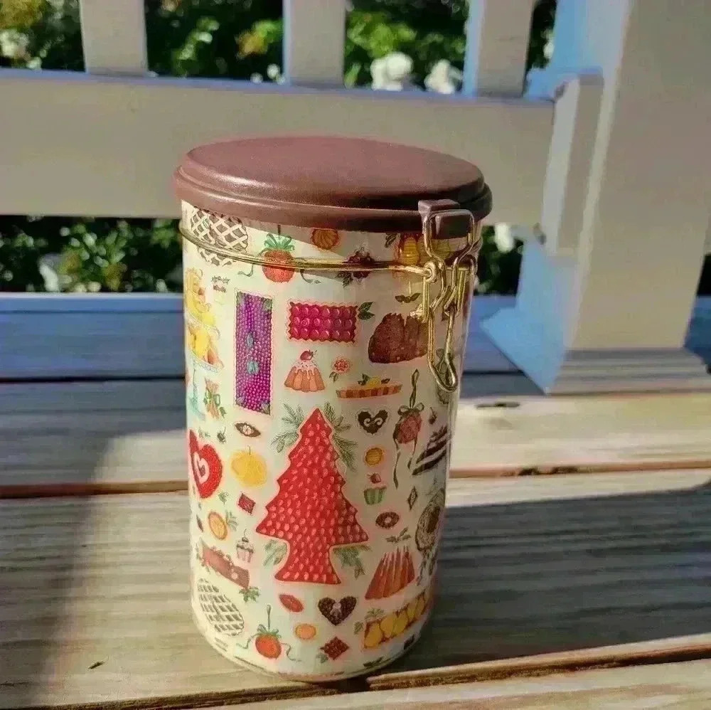 Vintage Christmas Cylinder Metal Tin Container Flowers Cookies Christmas Tree